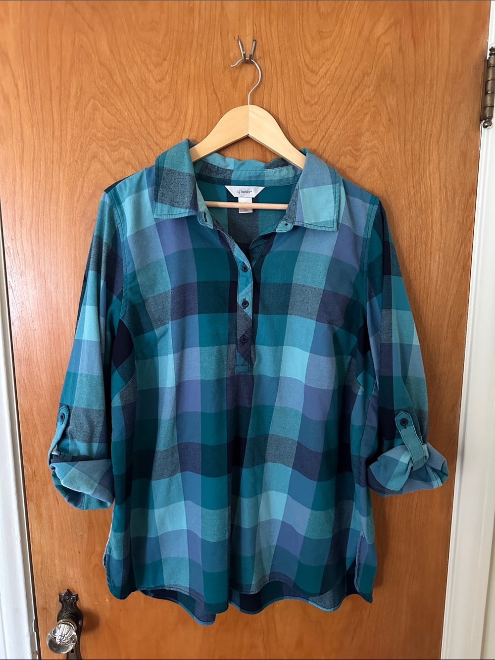 Plaid Button Flannel Shirt in Teal and Navy